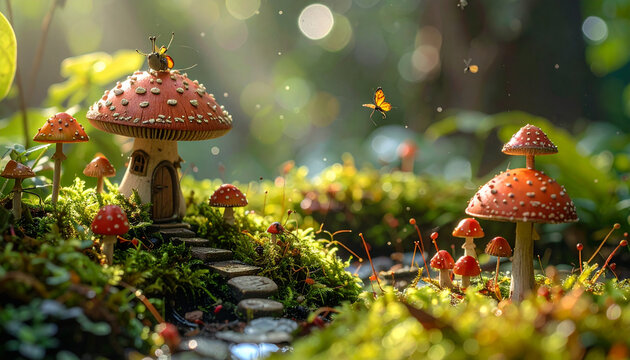 Fantasy mushroom village scene illuminated by sunlight in a natural setting