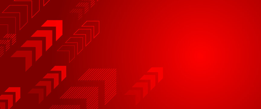 Abstract vibrant red gradient background featuring multiple stylized chevron upward arrows of varying sizes and opacity for dynamic growth and progress concepts