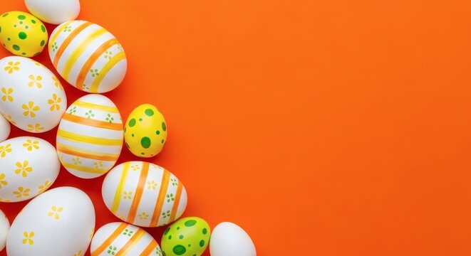 Decorated easter eggs scattered on orange background with copy space