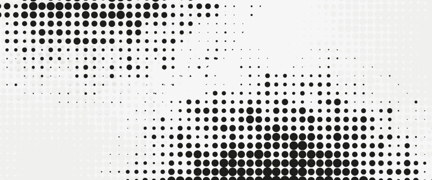 Abstract black halftone dot pattern on white background, monochrome pop art vector texture for minimalist banner, retro comic style, and modern industrial graphic design