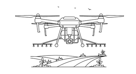 Line art illustration of a drone flying over a landscape with hills and vegetation © MDRASEL