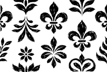 Black Fleur de Lis and Floral Damask Pattern White Background Textured Brush Strokes © Abdul