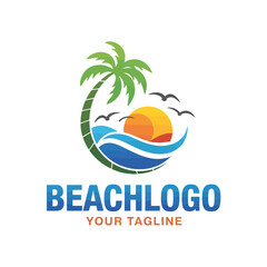 Obraz premium ​Tropical Beach Logo with Palm Tree Sunset and Ocean Waves for Travel and Summer Tourism