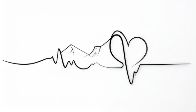 Minimalist line art depicting a flowing heartbeat into mountains and a heart, symbolizing a deep love for nature, outdoor adventure, and a healthy, passionate life