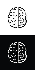 Fototapeta premium Minimal line icon of human brain and artificial intelligence concept split brain symbol representing comparison between technology and human thinking creativity innovation and digital future