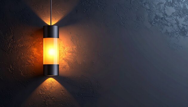 Photo of a black minimalist design wall lamp with a transparent diffuser emitting warm yellow light. Suitable for home decoration content, architecture, lighting products.