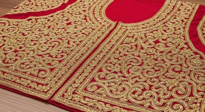 Intricate Indian Bridal Embroidery on Red Fabric with Gold Zari and Traditional Design