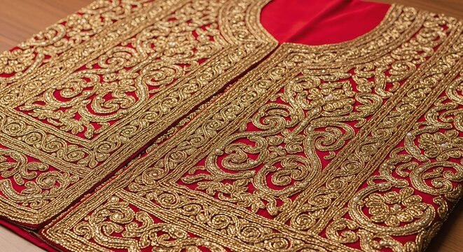 Intricate Indian Bridal Embroidery on Red Fabric with Gold Zari and Traditional Design