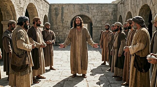 Jesus Facing Aggressive Crowd in Stone Courtyard
