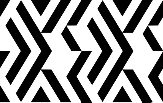 Seamless black and white geometric chevron pattern with sharp angles and interlocking shapes