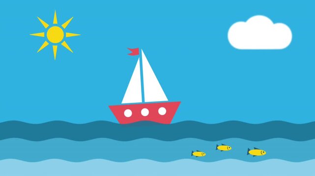 Children's Summer Animation. Toy Sailing Ship, Sun, Clouds, Sea, Waves Water, Fish. Video in Blue, Red, White, Yellow