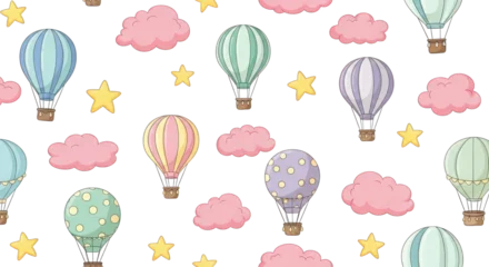 Ingelijste posters Luchtballon Whimsical hot air balloons and clouds pattern  © Graphic Store