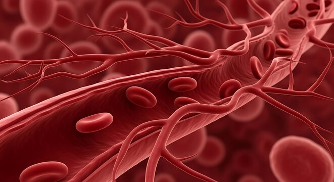Red blood cells flowing through vessels.