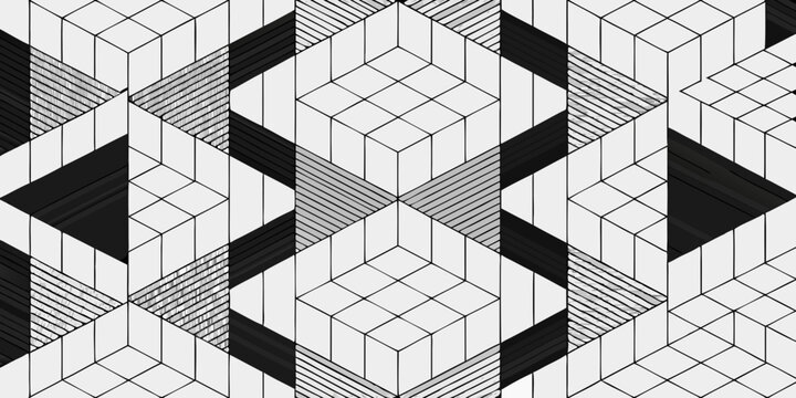 Isometric cuboid pattern with black and white geometric designs