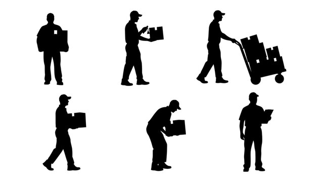 Courier and delivery man silhouettes set with workers carrying boxes and pushing hand truck for logistics and shipping services