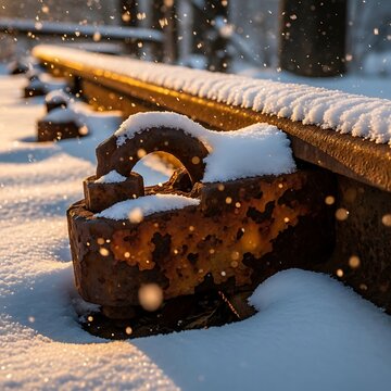 Snow covered train track in winter.