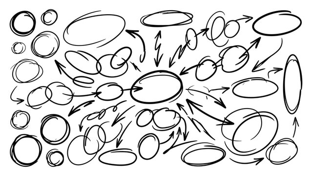 Hand drawn marker arrows and circles set for mind map and flowchart design elements for brainstorming and planning