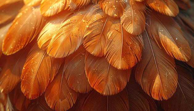 Close up of vibrant brown feathers with detailed texture and sunlight