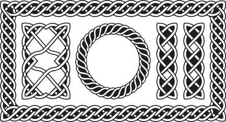 Celtic knotwork border, rope twist designs, black and white vector, decorative frame elements © Jihadul