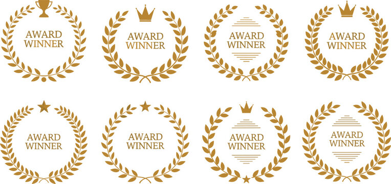 Golden Laurel Wreath Award Winner Vector Icon Set Featuring Trophy Crown and Star Symbols for Luxury Achievement Recognition and Excellence