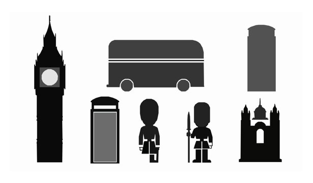 London silhouette icons vector UK cultural landmark symbols isolated on white background