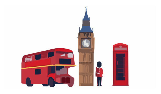 London icons vector set Big Ben bus and telephone booth cultural symbols isolated on white background