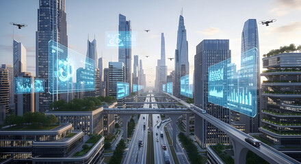 Obraz premium Futuristic Cityscape with Holographic Data and Smart Urban Transportation