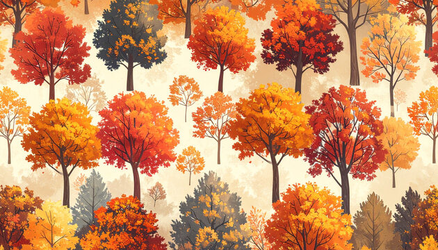 Autumn forest trees illustration with vibrant orange red yellow foliage and leaves