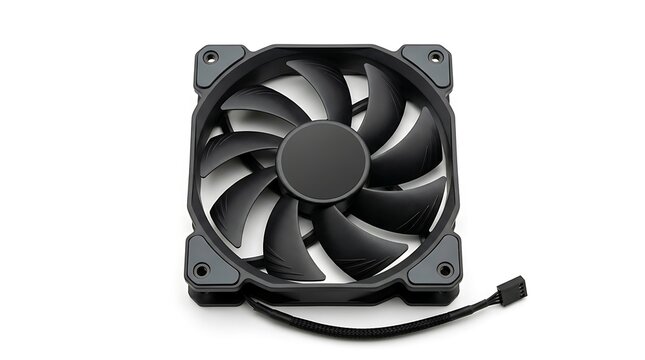 Black computer cooling fan with cable on white background for PC hardware and computer components