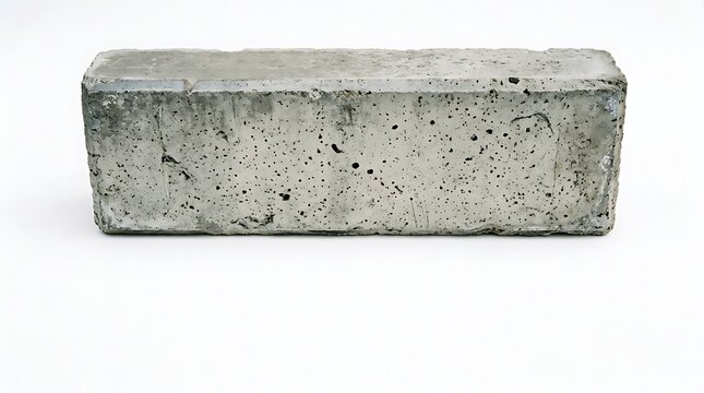 Close-up of a single weathered gray concrete block with black speckles on a white background, Construction material