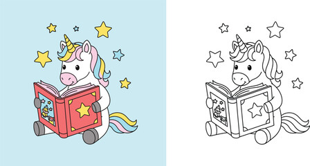 Cute Unicorn Reading a Book Coloring Page for Kids, Magical Fantasy Creature with Stars, Preschool Educational Activity, Black and White Line Art and Colored Vector Illustration © MSTA