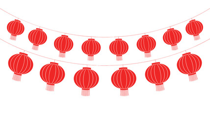A string of vibrant red paper lanterns hangs against a white background © Pixel Loft