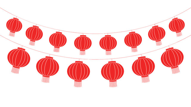 A string of vibrant red paper lanterns hangs against a white background