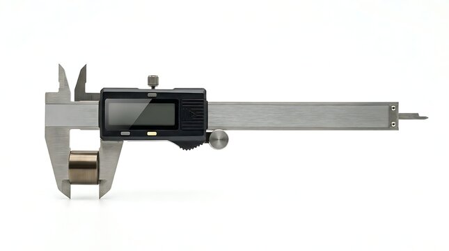 Digital caliper measuring a small metal cylinder isolated on white background