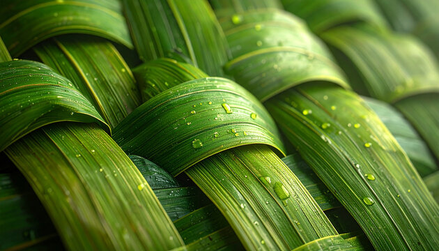 Close up of woven green leaves with water droplets organic texture