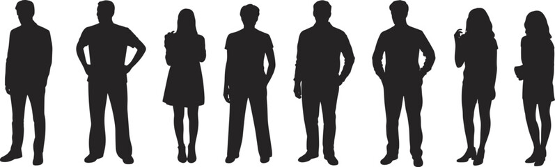 Obraz premium Set of diverse black silhouettes featuring men and women in standing poses isolated on white background for graphic design and community group concepts.