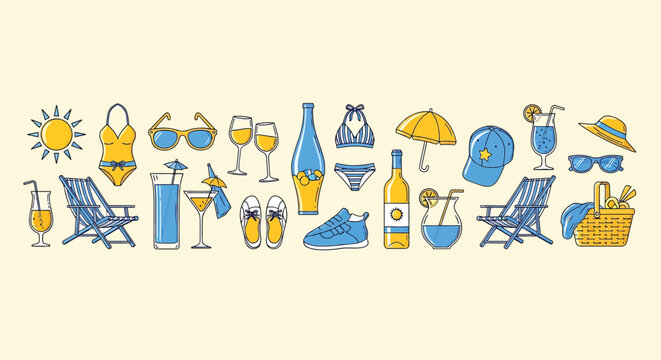 Summer vacation icons set, beach accessories and drinks, vector illustration collection of summer holiday items like swimsuit, sunglasses, beach chair, hat, cocktail, wine, and picnic basket