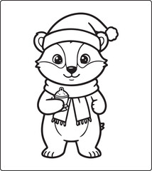 Obraz premium Cute animal wearing christmas costume in winter scene black line art vector illustration activity coloring page for kids happiness and relaxing