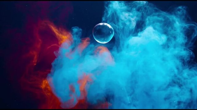 Vibrant abstract ink clouds in vibrant red orange and blue colors swirling and mixing in dark water with rising bubbles