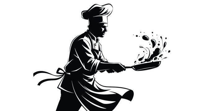 Silhouette of a professional chef cooking with a frying pan, dynamic motion of food being tossed, culinary arts and restaurant kitchen concept