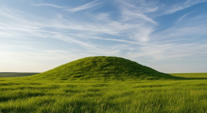 A gently sloping natural hillock covered in green grass under a vast summer sky, featuring an isolated earthen elevation in the landscape ,mound ,rise ,hummock