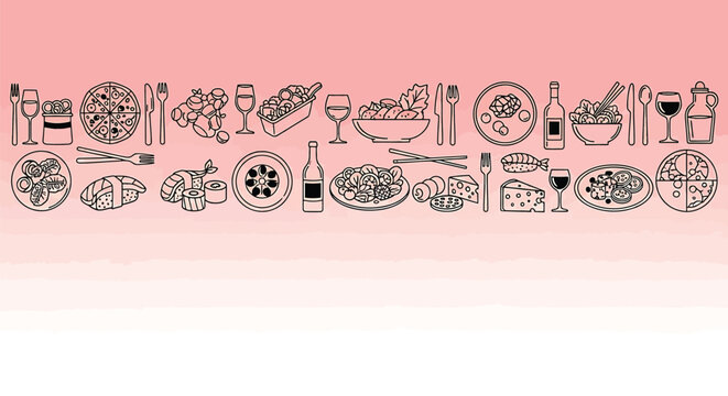 Seamless pattern with food and drink icons hand drawn vector illustration of pizza, sushi, salad, cheese, wine and cutlery on a pink watercolor background