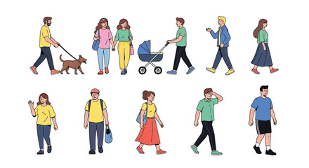 Fototapeta premium Set of diverse people walking, including a man with a dog, a couple holding hands, a parent with a stroller, and various individuals in casual clothing