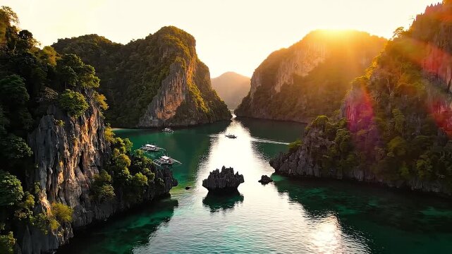 Aerial Sunset View of Twin Lagoon in Coron Palawan Philippines
