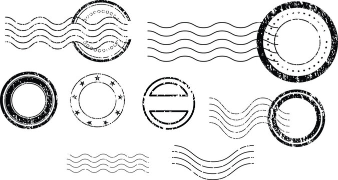 Set of vintage rubber stamp seals and wavy lines on white background
