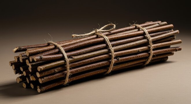 A tight bundle of rustic brown twigs and dry sticks, wrapped securely with twine, resting on a neutral surface ,utility ,crafting ,bundle