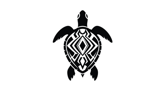 Tribal sea turtle tattoo design, black and white vector illustration of a marine turtle with intricate geometric patterns on its shell, stylized aquatic animal graphic