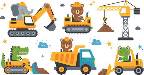 Cute animal construction vehicles set with bear elephant frog crocodile operating excavator crane and dump truck cartoon vector illustration collection © MdNazmul