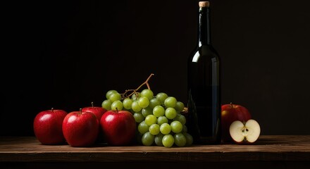 Obraz premium Classic dark still life featuring ripe red apples, bunches of green grapes, and a tall glass bottle of wine on a rustic wooden table ,healthy ,bottle ,gourmet