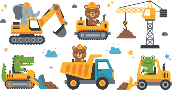 Cute animal construction vehicles set with bear elephant frog crocodile operating excavator crane and dump truck cartoon vector illustration collection